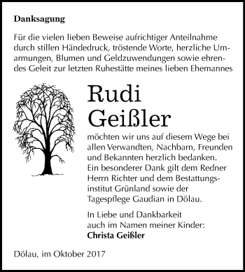 Traueranzeige von Rudi Geißler von Mitteldeutsche Zeitung Halle/Saalkreis
