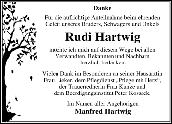 Traueranzeige von Rudi Hartwig von Mitteldeutsche Zeitung Dessau-Roßlau