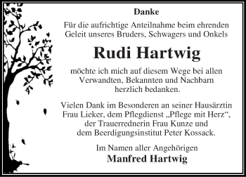 Traueranzeige von Rudi Hartwig von WVG - Wochenspiegel Dessau / Köthen