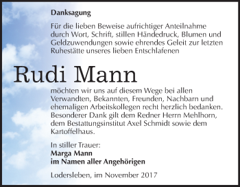 Traueranzeige von Rudi Mann von Mitteldeutsche Zeitung Merseburg/Querfurt