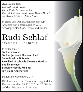 Traueranzeige von Rudi Schlaf von Super Sonntag Merseburg