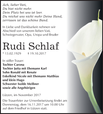 Traueranzeige von Rudi Schlaf von Mitteldeutsche Zeitung Weißenfels