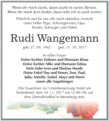 Traueranzeige von Rudi Wangemann von WVG - Wochenspiegel Merseburg