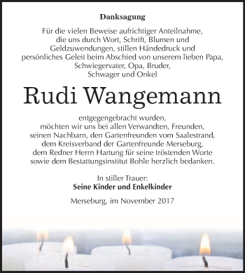 Traueranzeige von Rudi Wangemann von WVG - Wochenspiegel Merseburg