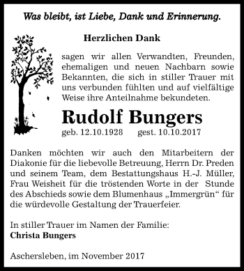 Traueranzeige von Rudolf Bungers von Mitteldeutsche Zeitung Aschersleben