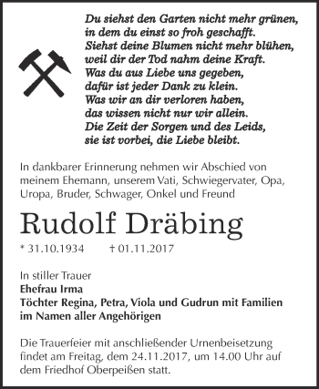 Traueranzeige von Rudolf Dräbing von Super Sonntag Bernburg