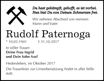 Traueranzeige von Rudolf Paternoga von Wochenspiegel Mansfelder Land