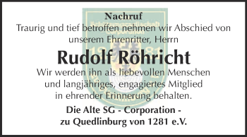 Traueranzeige von Rudolf Röhricht von Super Sonntag Quedlinburg