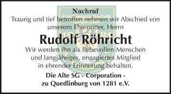 Traueranzeige von Rudolf Röhricht von Mitteldeutsche Zeitung Quedlinburg