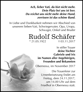 Traueranzeige von Rudolf Schäfer von Mitteldeutsche Zeitung Weißenfels