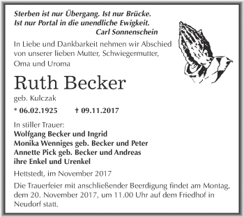 Traueranzeige von Ruth Becker von Wochenspiegel Mansfelder Land