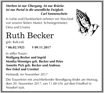 Traueranzeige von Ruth Becker von Mitteldeutsche Zeitung