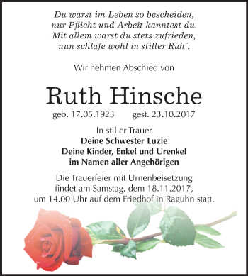 Traueranzeige von Ruth Hinsche von Mitteldeutsche Zeitung Bitterfeld