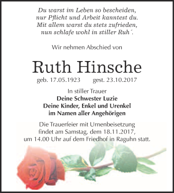 Traueranzeige von Ruth Hinsche von WVG - Wochenspiegel Bitterfeld