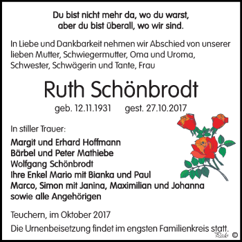 Traueranzeige von Ruth Schönbrodt von Mitteldeutsche Zeitung Weißenfels