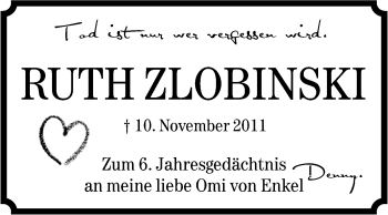 Traueranzeige von Ruth Zlobinski von Super Sonntag Aschersleben
