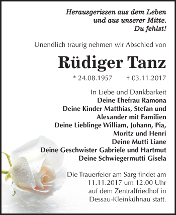 Traueranzeige von Rüdiger Tanz von Mitteldeutsche Zeitung Dessau-Roßlau