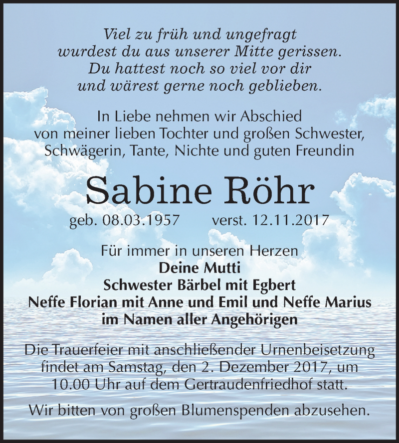  Traueranzeige für Sabine Röhr vom 18.11.2017 aus Mitteldeutsche Zeitung Halle/Saalkreis