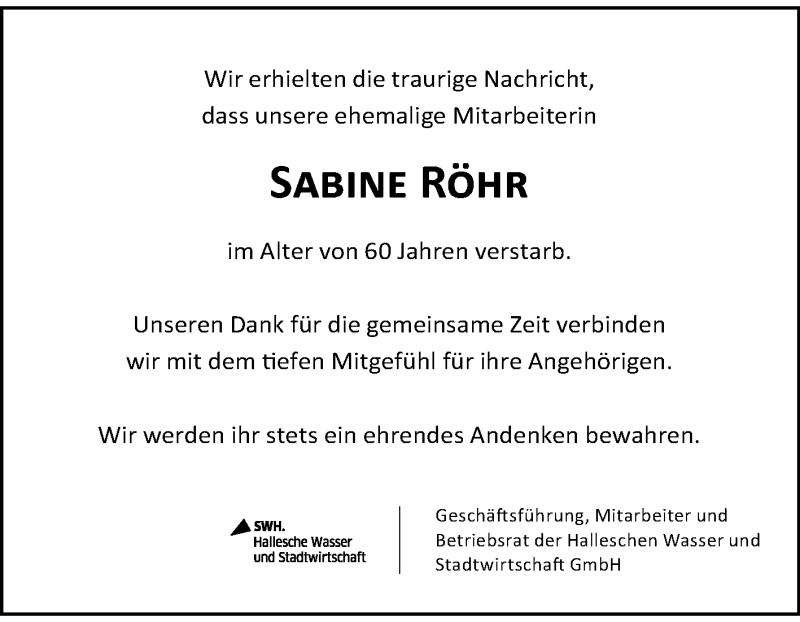  Traueranzeige für Sabine Röhr vom 18.11.2017 aus Mitteldeutsche Zeitung Halle/Saalkreis