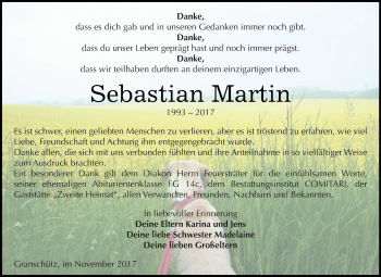 Traueranzeige von Sebastian Martin von WVG - Wochenspiegel NMB / WSF / ZTZ