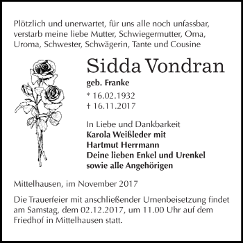 Traueranzeige von Sidda Vondran von Super Sonntag SGH Mansf. Land