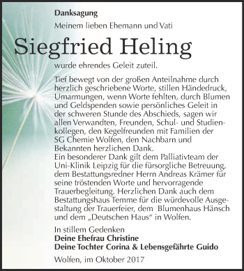 Traueranzeige von Siegfried Heling von WVG - Wochenspiegel Bitterfeld