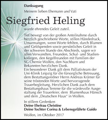 Traueranzeige von Siegfried Heling von Mitteldeutsche Zeitung Bitterfeld