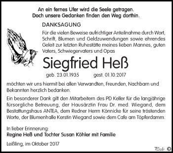 Traueranzeige von Siegfried Heß von WVG - Wochenspiegel NMB / WSF / ZTZ