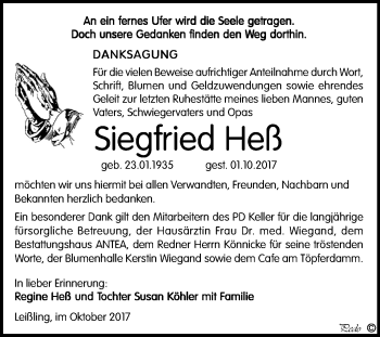 Traueranzeige von Siegfried Heß von Mitteldeutsche Zeitung Weißenfels