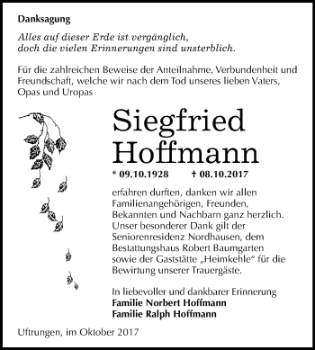 Traueranzeige von Siegfried Hoffmann von Mitteldeutsche Zeitung Sangerhausen