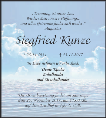 Traueranzeige von Siegfried Kunze von WVG - Wochenspiegel Bitterfeld