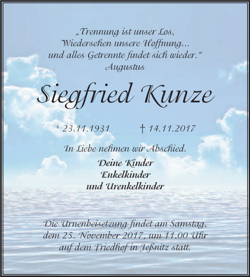  Traueranzeige für Siegfried Kunze vom 22.11.2017 aus WVG - Wochenspiegel Bitterfeld