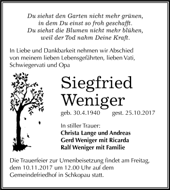 Traueranzeige von Siegfried Weniger von Mitteldeutsche Zeitung Merseburg/Querfurt