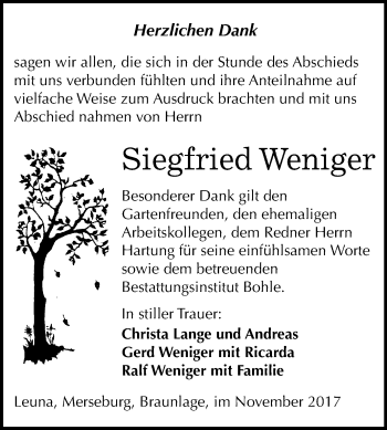 Traueranzeige von Siegfried Weniger von Mitteldeutsche Zeitung Merseburg/Querfurt