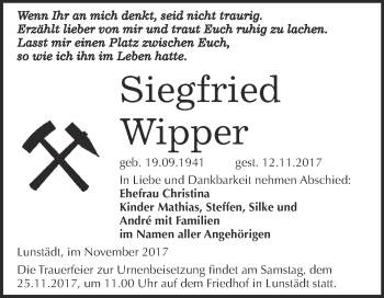 Traueranzeige von Siegfried Wipper von WVG - Wochenspiegel Merseburg