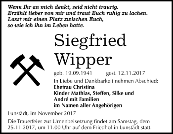 Traueranzeige von Siegfried Wipper von Mitteldeutsche Zeitung Merseburg/Querfurt