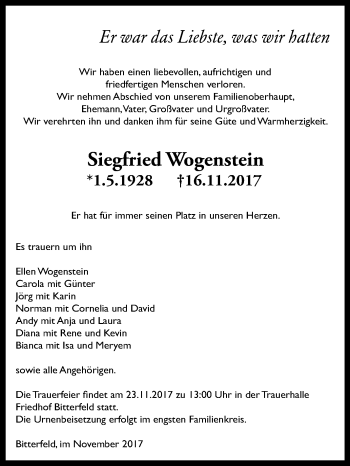Traueranzeige von Siegfried Wogenstein von Mitteldeutsche Zeitung Bitterfeld