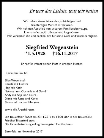 Traueranzeige von Siegfried Wogenstein von WVG - Wochenspiegel Bitterfeld