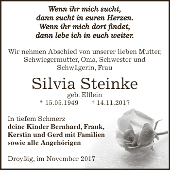 Traueranzeige von Silvia Steinke von Super Sonntag Zeitz