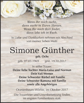 Traueranzeige von Simone Günther von WVG - Wochenspiegel Wittenberg