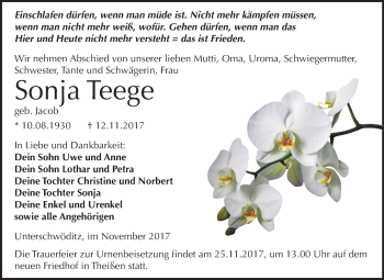 Traueranzeige von Sonja Teege von Mitteldeutsche Zeitung Zeitz