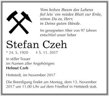 Traueranzeige von Stefan Czeh von Super Sonntag SGH Mansf. Land