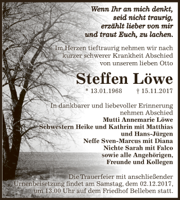 Traueranzeige von Steffen Löwe von Super Sonntag Bernburg