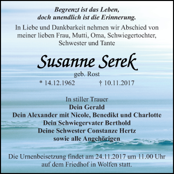 Traueranzeige von Susanne Serek von Mitteldeutsche Zeitung Bitterfeld