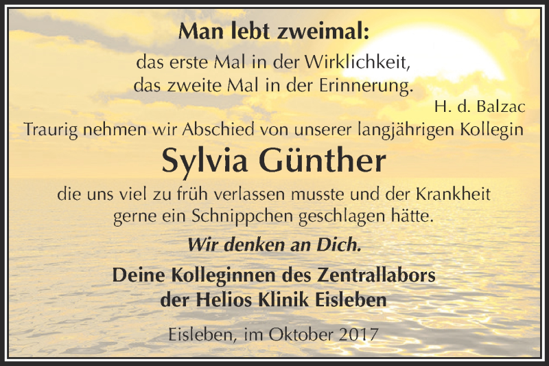  Traueranzeige für Sylvia Günther vom 11.11.2017 aus Wochenspiegel Mansfelder Land