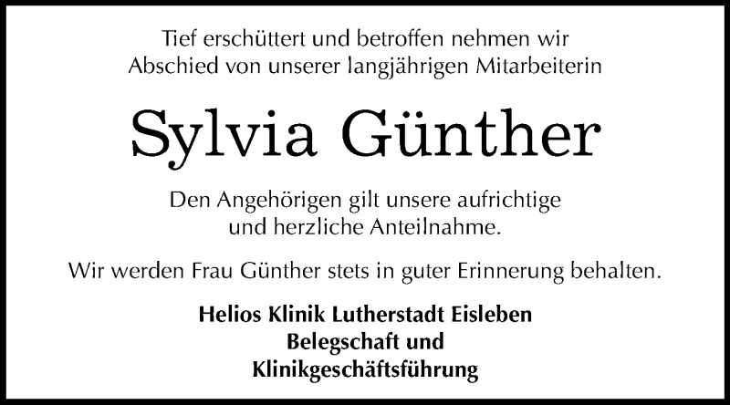  Traueranzeige für Sylvia Günther vom 11.11.2017 aus Mitteldeutsche Zeitung