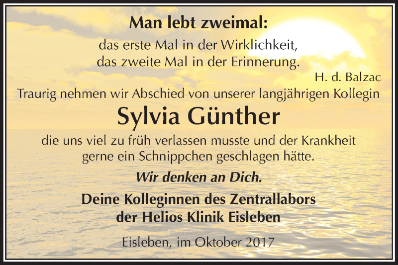  Traueranzeige für Sylvia Günther vom 08.11.2017 aus Mitteldeutsche Zeitung