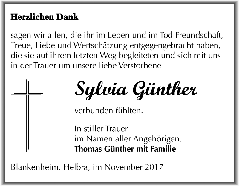  Traueranzeige für Sylvia Günther vom 22.11.2017 aus Mitteldeutsche Zeitung Sangerhausen