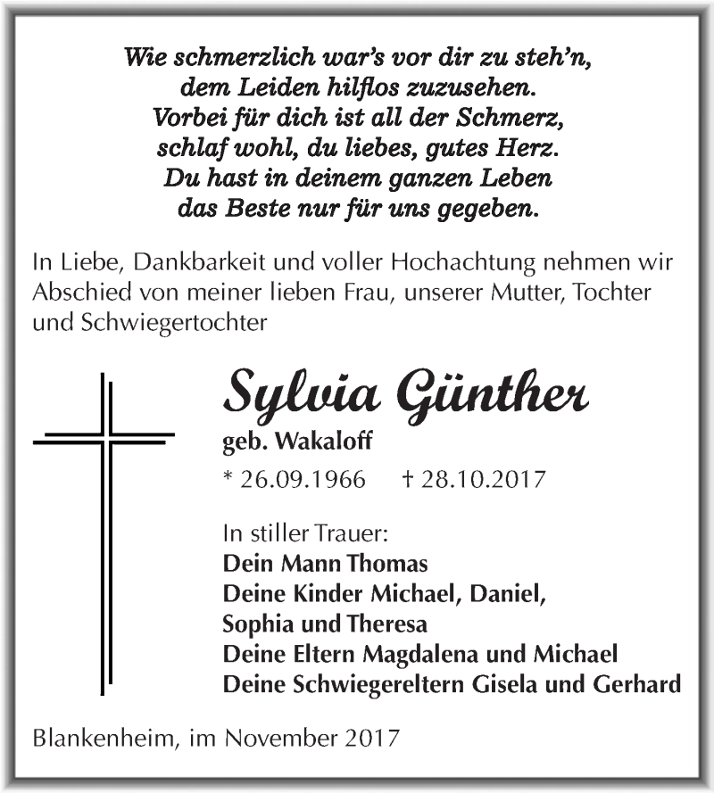  Traueranzeige für Sylvia Günther vom 08.11.2017 aus Wochenspiegel Mansfelder Land