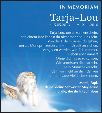Traueranzeige von Tarja Lou von WVG - Wochenspiegel Wittenberg